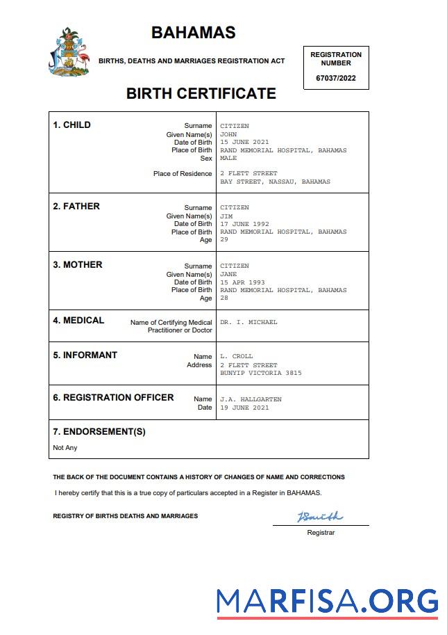 Downloadable Bahamas vital record birth certificate Word and PDF template